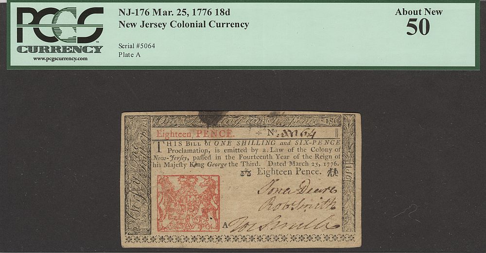 New Jersey Colonial Note, March 25, 1776 18 Pence, AU, PCGS-50